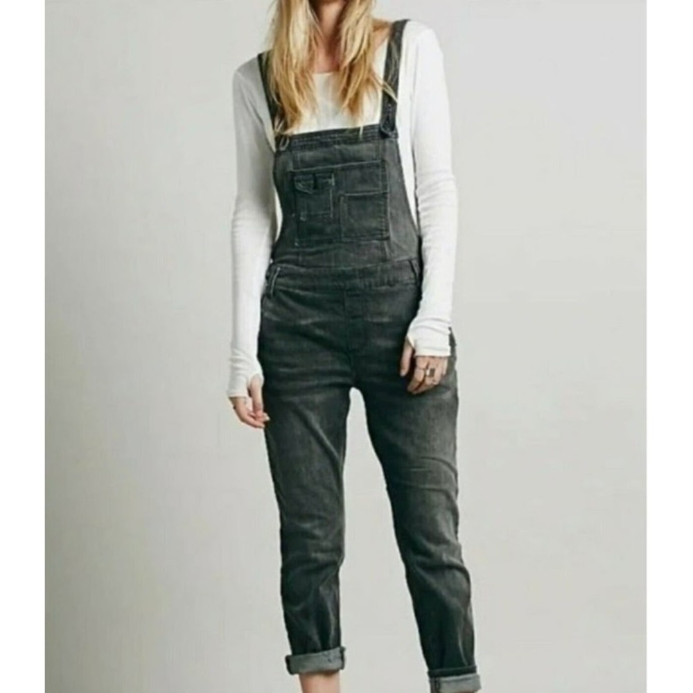 Free People Eclipse Black Bib Overalls Skinny Leg Ankle Length Stretch Denim 27